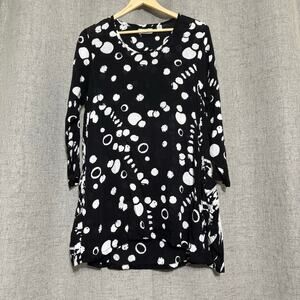 Adverb Women Top Small Black White Dot Art Print Tunic Pockets Lagenlook